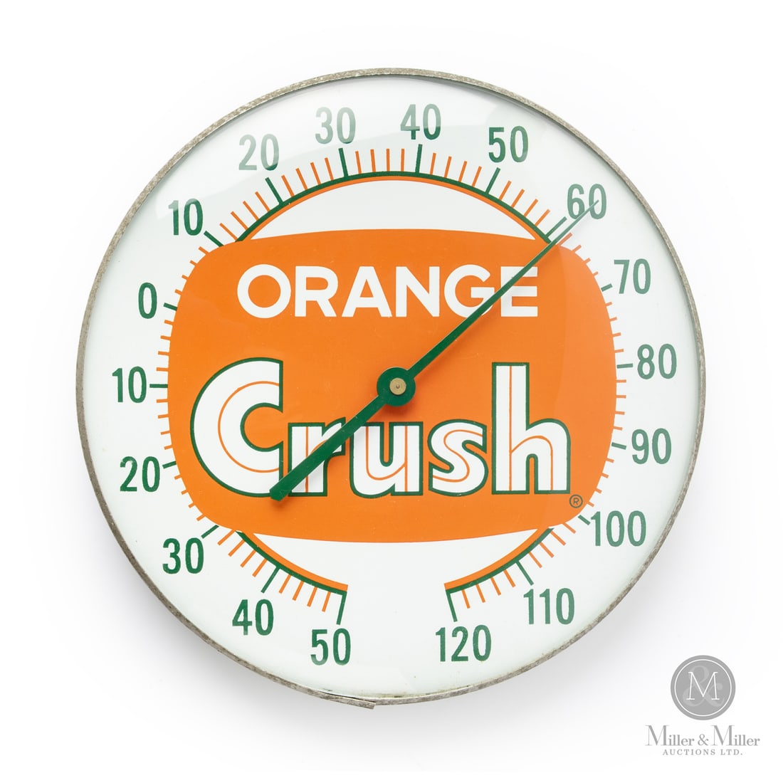 Orange Crush Soda Thermometer: 1955-1972. Single-sided tin (SST). Glass face. All items are guaranteed authentic by Miller & Miller Auctions. All purchases are eligible for free delivery to the Check the Oil Show on June 26, 2026.
