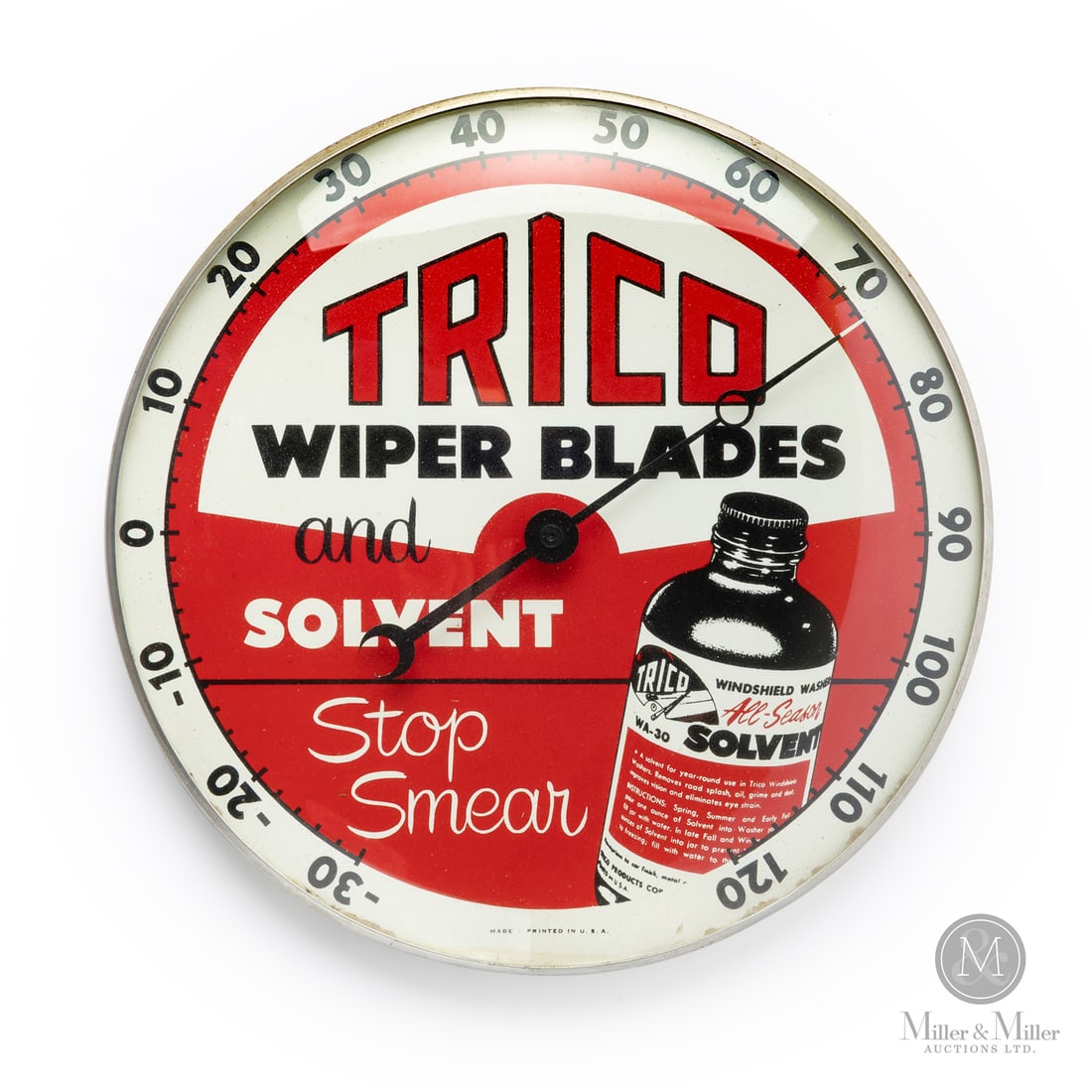 Trico Wiper Blades Thermometer: 1960s. Lithographed tin. All items are guaranteed authentic by Miller & Miller Auctions. All purchases are eligible for free delivery to the Check the Oil Show on June 26, 2026. 12" x 12" x 1.5".