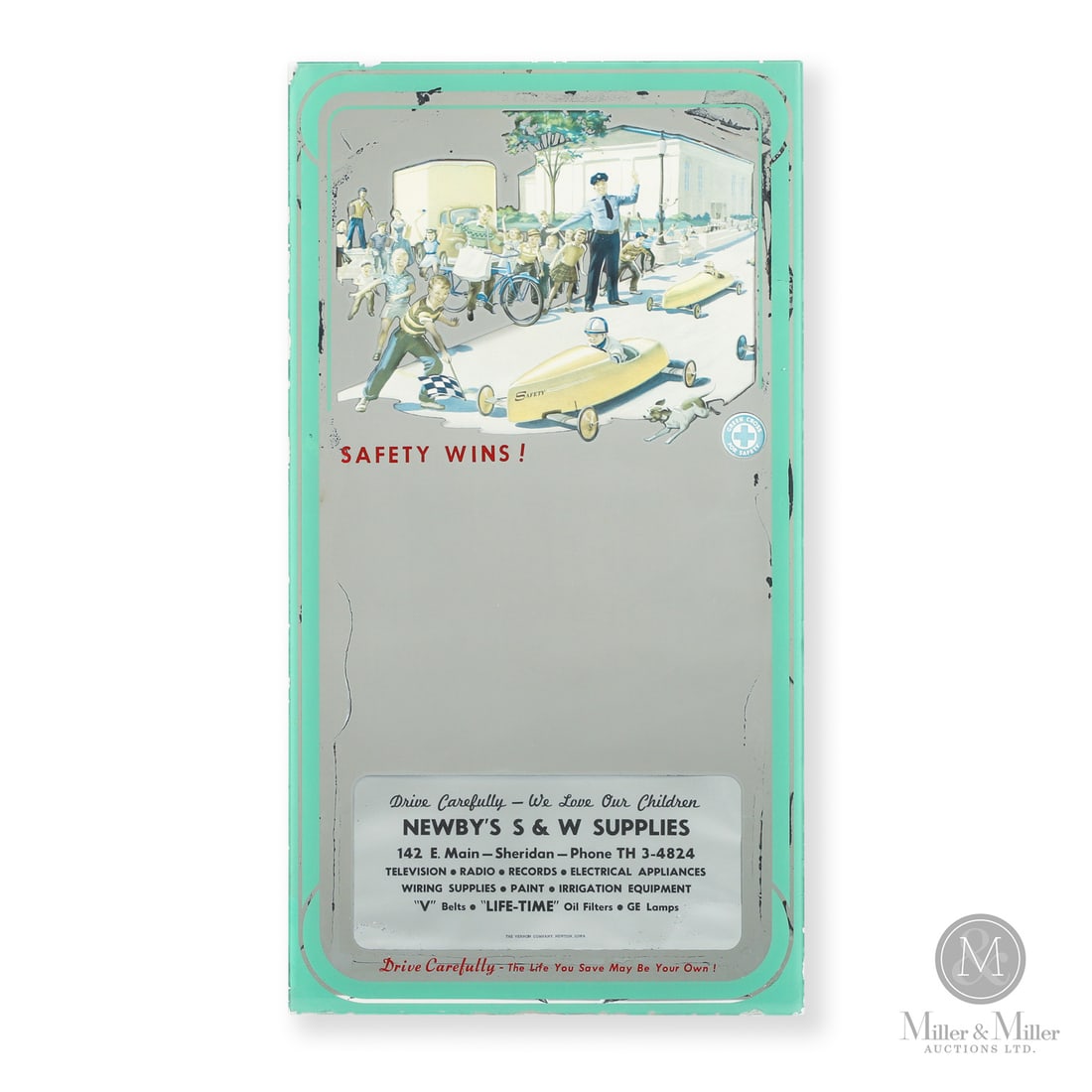 Newby's Advertising Mirror: 1955-1960. Reverse-painted glass. Small glass advertising mirrors with business details were popular promotional items for hardware and supply stores during this specific post-war era. The sign was ma
