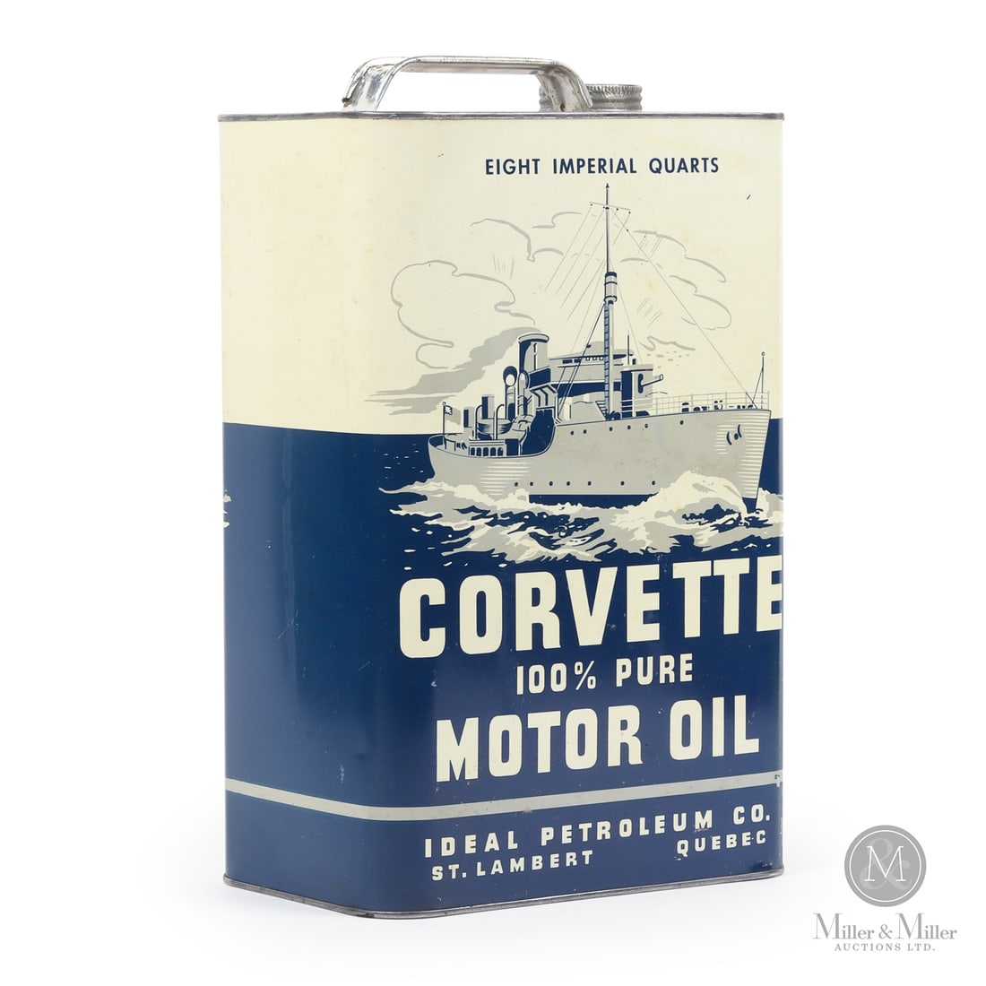 Corvette Motor Oil 8 Imperial Quarts Can: 1959 Lithographed tin. Ideal Petroleum Co. St Lambert, Quebec. Corvette Motor Oil uses the imagery of the small, fast and lightly armed warships prevalent during World War II. Soon after these steathy