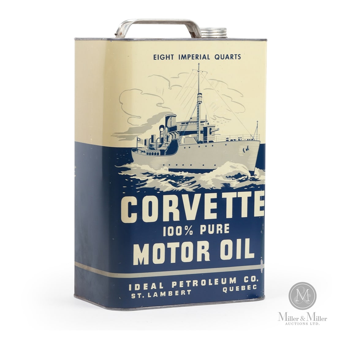 Corvette Motor Oil 8 Imperial Quarts Can: 1950-1959. Lithographed tin. Ideal Petroleum Co. St Lambert, Quebec. Corvette Motor Oil uses the imagery of the small, fast and lightly armed warships prevalent during World War II. Soon after these s