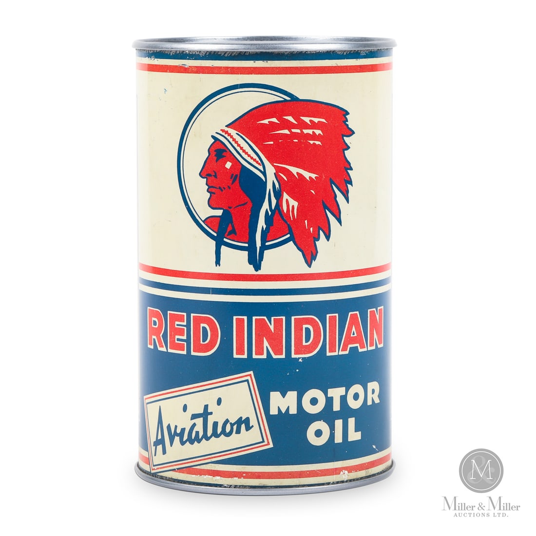 Red Indian Aviation Motor Oil Imperial Quart Can: 1927 - 1941. Lithographed Tin. "Aviation" implied "Premium"; unlike the name implies, it was not an oil designed for air plane engines. Bilingual. Excellent colour and gloss. Pinpoint nicks to surface