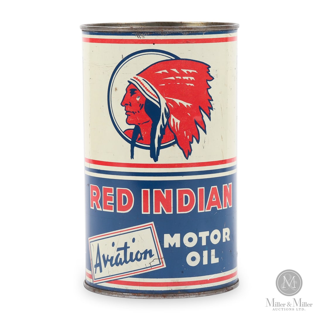 Red Indian Aviation Motor Oil Imperial Quart Can: 1927 - 1941. Lithographed Tin. "Aviation" implied "Premium"; unlike the name implies, it was not an oil designed for air plane engines. Bilingual. Excellent colour and gloss. Pinpoint surface nicks