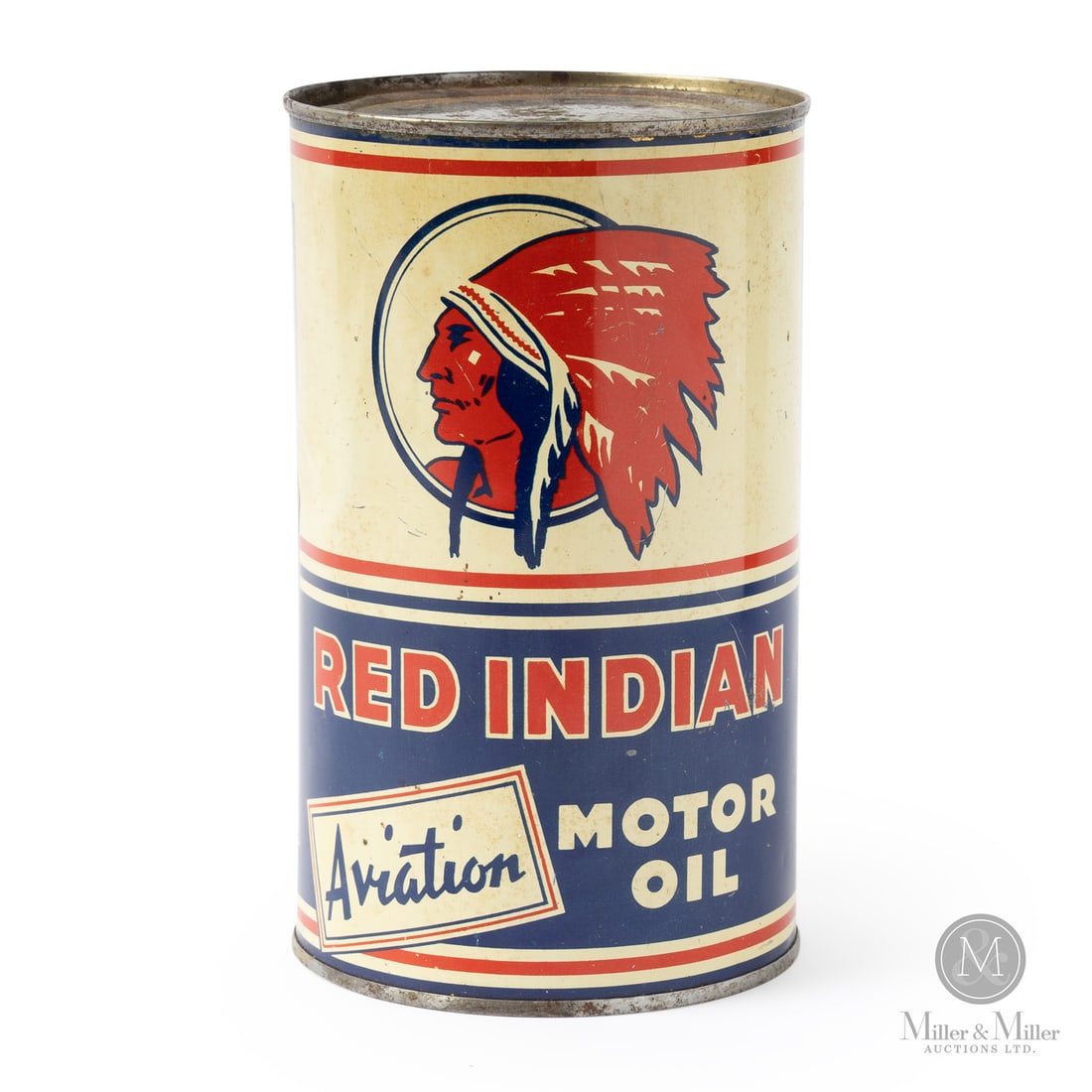 Red Indian Aviation Motor Oil Imperial Quart Can: 1927 - 1941. Lithographed Tin. "Aviation" implied "Premium"; unlike the name implies, it was not an oil designed for air plane engines. Bilingual. Very good colour and gloss. Yellow toning to white.