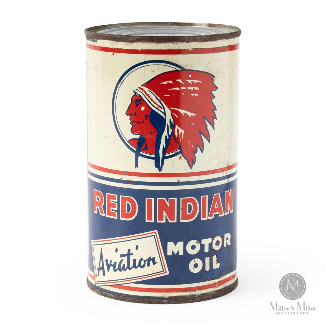 Red Indian Aviation Motor Oil Imperial Quart Can: 1927 - 1941. Lithographed Tin. "Aviation" implied "Premium"; unlike the name implies, it was not an oil designed for air plane engines. Bilingual. Very good colour. Fine scuffs and scratches. Paint