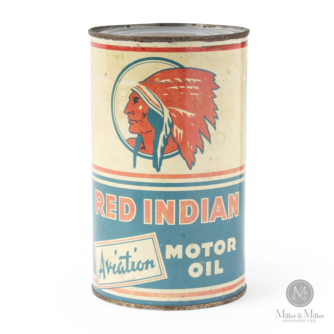 Red Indian Aviation Motor Oil Imperial Quart Can: 1927 - 1941. Lithographed Tin. "Aviation" implied "Premium"; unlike the name implies, it was not an oil designed for air plane engines. Bilingual. Minor fade. Fine scuffs, scratches and impressions.