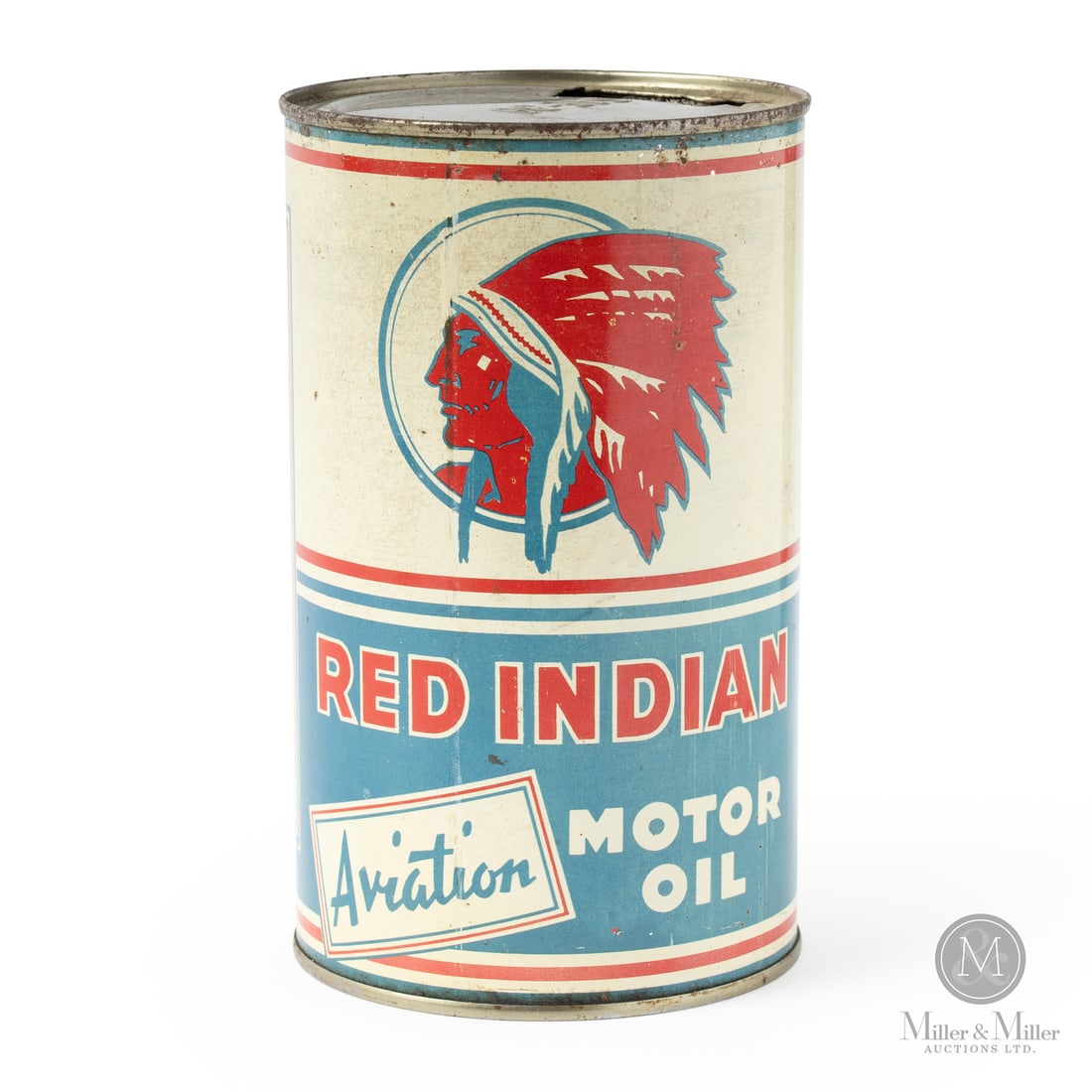 Red Indian Aviation Motor Oil Imperial Quart Can: 1927 - 1941. Lithographed Tin. "Aviation" implied "Premium"; unlike the name implies, it was not an oil designed for air plane engines. Bilingual. Minor fade. Stain to white surrounding logo. Fine scu
