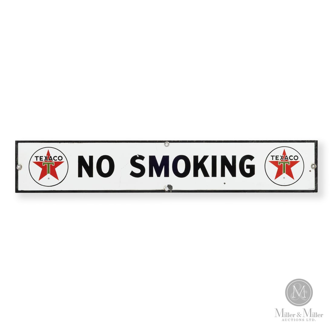 Texaco "No Smoking" Sign: 1961. Single-sided porcelain (SSP). Very good colour and gloss. Two minor field chips, one affecting the 'S', the other beneath the 'N' in "Smoking". One chip to right of lower mounting hole. Retains