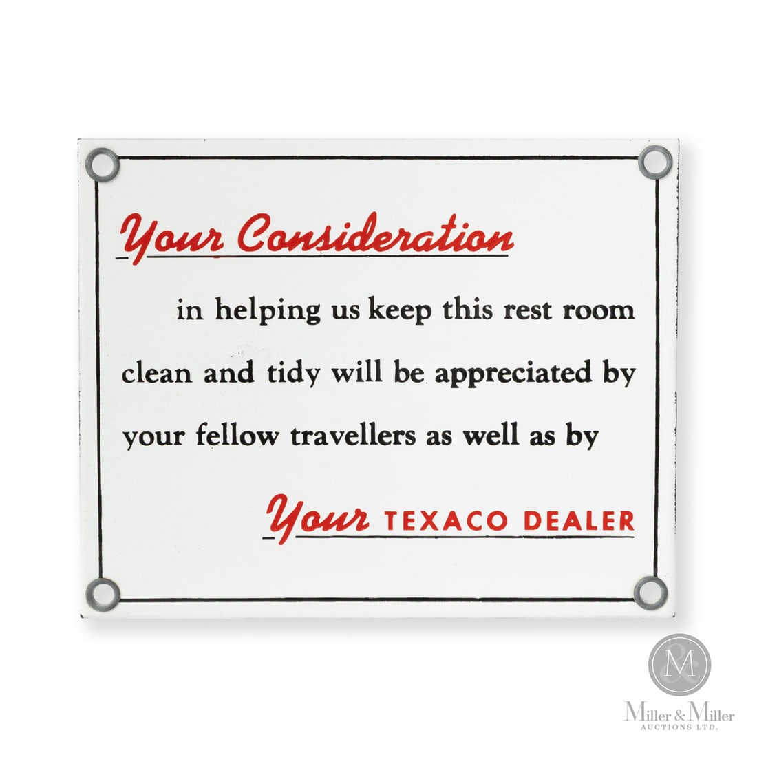 Texaco Restroom Plaque: 1950s. Single-sided porcelain (SSP). Excellent colour and gloss. Retains grommets. Factory roughness to edge. (TAC #501620). 4" x 5". Size 4" x 5". Condition Excellent colour and gloss. Retains