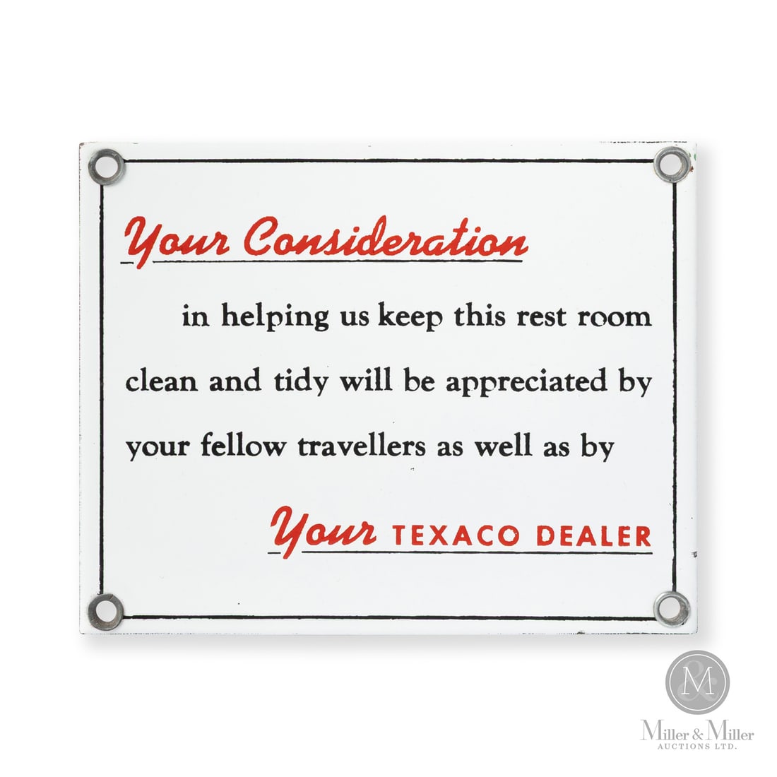 Texaco Restroom Plaque: 1950s. Single-sided porcelain (SSP). Excellent colour and gloss. Pinpoint edge chips. In-service overpaint to the extreme edge. (TAC #501621). 4" x 5". Size 4" x 5". Condition Excellent colour and
