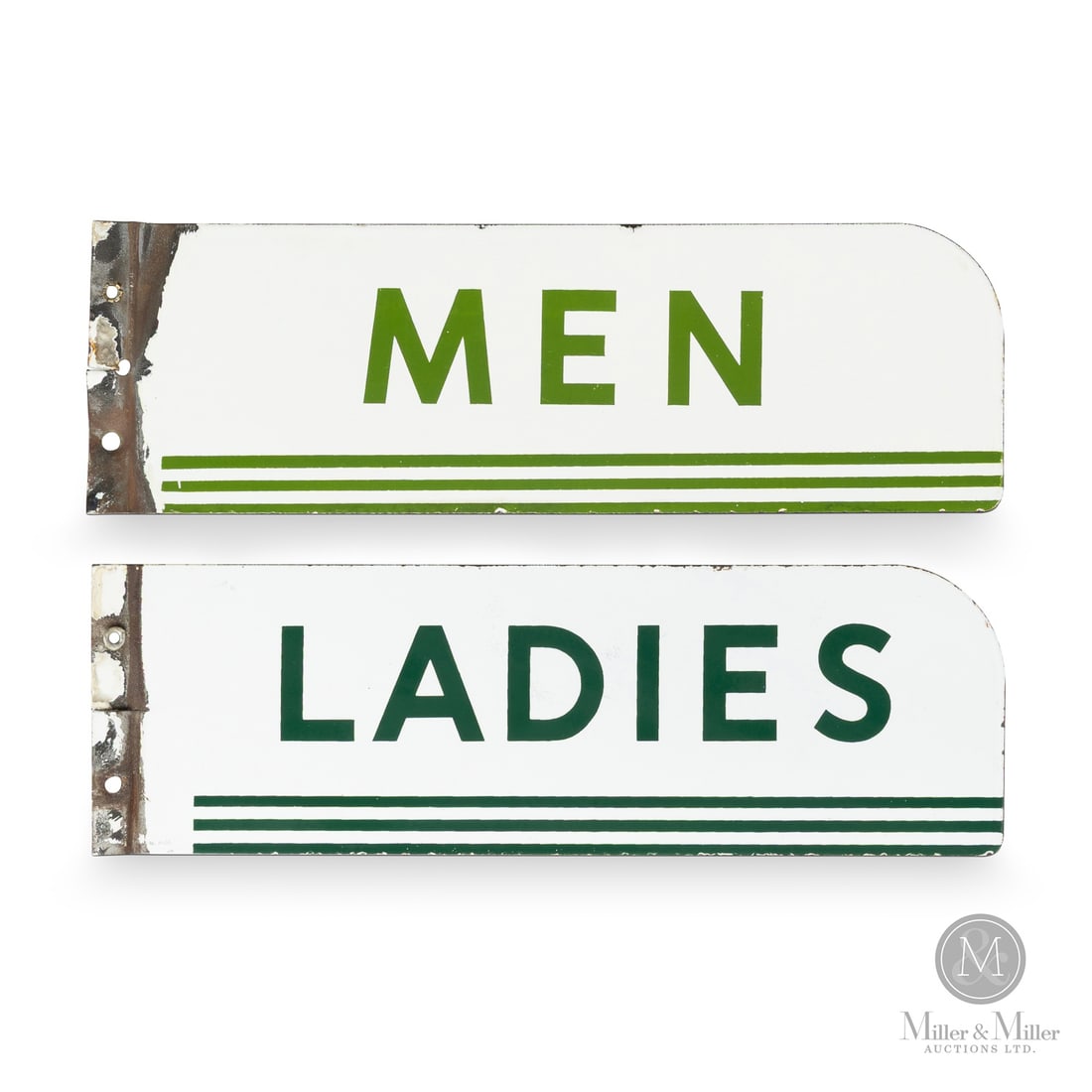 Texaco Restroom Signs: Ladies 1966. Men 1960s. Double-sided porcelain (DSP). Excellent colour and gloss. Signs have different shades of green. Significant bends with porcelain stress cracking and chips surrounding the