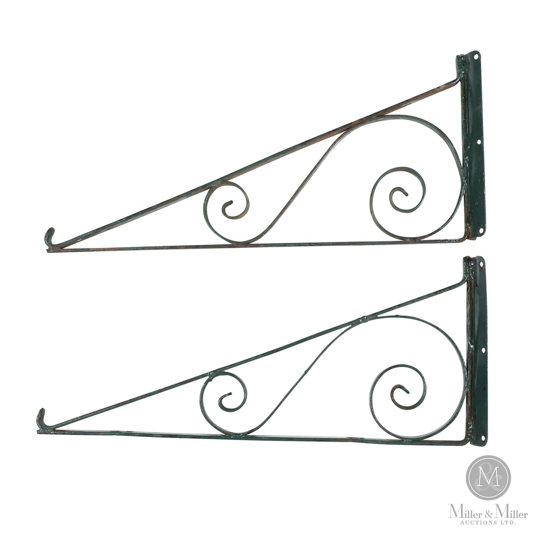 Service Station Pole-Mount Scroll Brackets: 1950s. Steel. Retains original green paint. Minor chips and oxidation. 10" x 2.75" x 23". 12" between hanging holes. Size 10" x 2.75" x 23". 12" between hanging holes. Condition Retains original