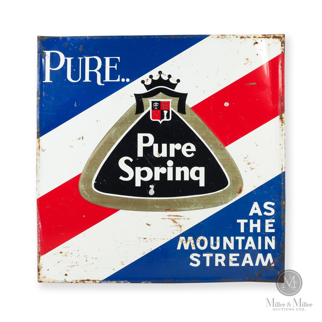 Pure Spring Soda Sign: 1966. Single-sided tin (SST). Embossed. Areas of chalkiness and fade, particularly to the central logo. Surface nicks. Minor impressions and shallow edge bends. All items are guaranteed authentic by