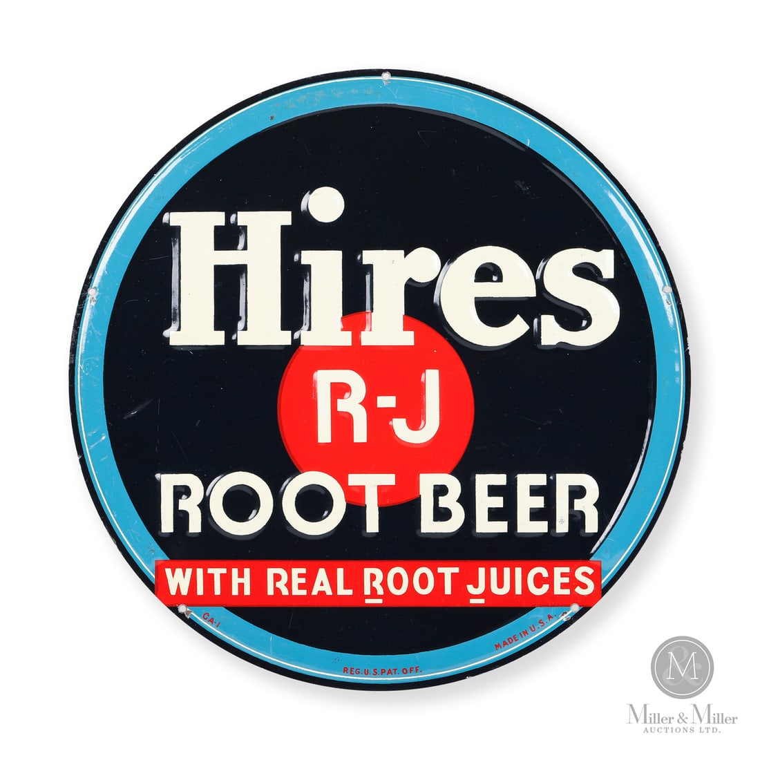 Hires Root Beer "R-J" Sign: 1939-1950. Single-sided tin (SST). Embossed. Excellent colour and gloss. Minor oxidation with stable blister at midpoint of left edge. Minor scuffs. Pinpoint nicks in extreme margins. Authenticated