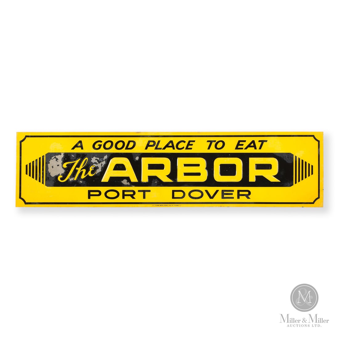 The Arbor Port Dover Sign: 1940s. Single-sided tin (SST). Embossed. The Arbor restaurant officially opened in 1920 with an initial focus on ice cream. After WWII, they shifted the menu from ice cream (which was scarce during