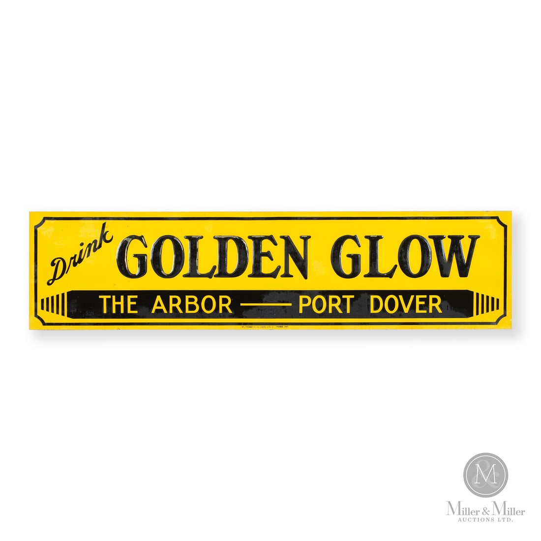 Golden Glow The Arbor Port Dover Sign: 1940s. Single-sided tin (SST). Embossed. The Arbor restaurant officially opened in 1920 with an initial focus on ice cream. After WWII, they shifted the menu from ice cream (which was scarce during