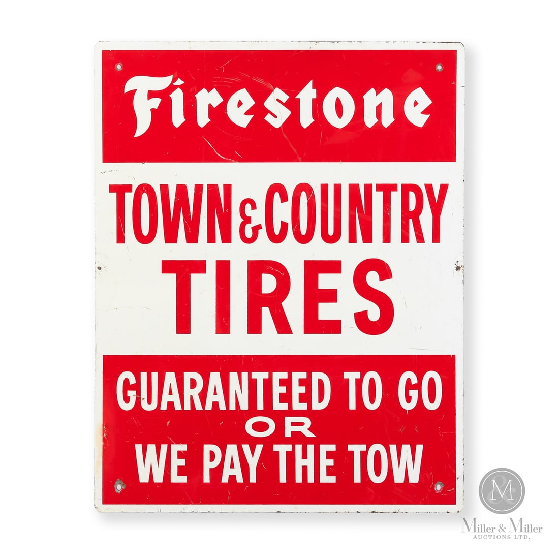 Firestone Town & Country Tires Sign: 1956-1968. Double-sided tin (DST). This sign features dual slogans, differing on both sides. This was known as the "tri-band" design. The top third shows the primary brand (the "Flaming F" logo); the