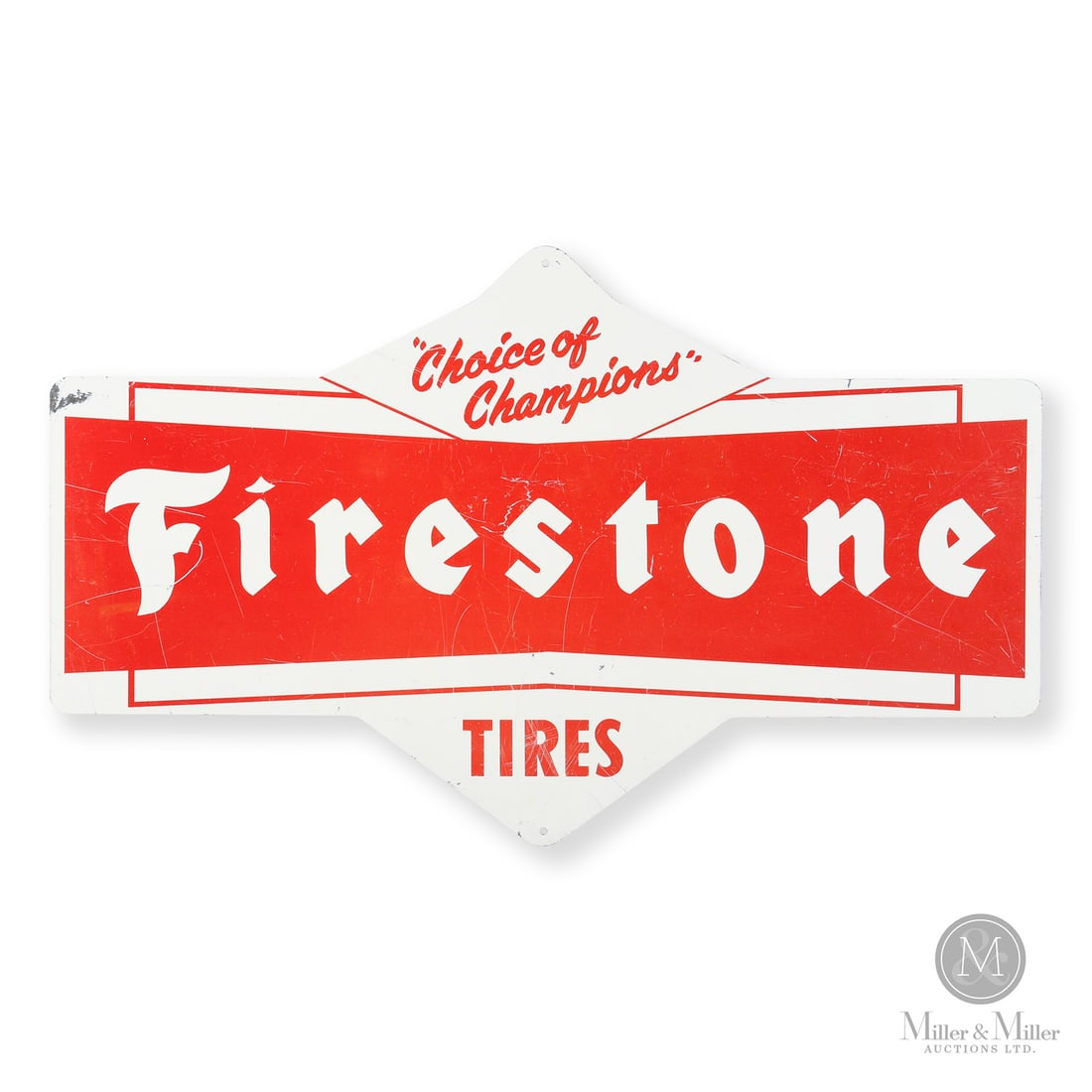 Firestone "Choice of Champions" Insert Sign: 1960s. Single-sided tin (SST). Die-cut. Very good colour and gloss. Scuffs and scratches particularly on one side. 17.5" x 29". Size 17.5" x 29". Condition Very good colour and gloss. Scuffs and