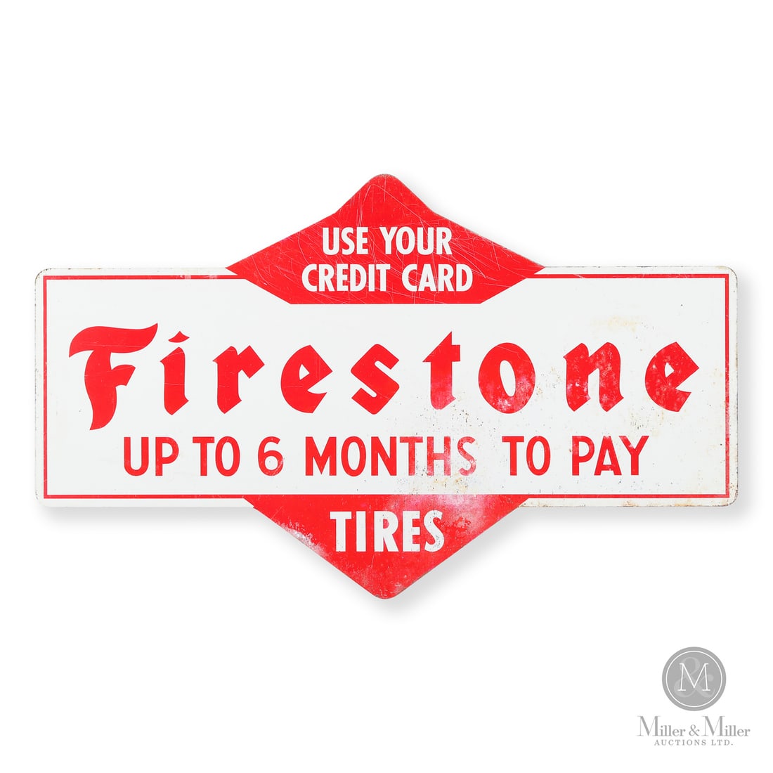 Firestone Credit Card Insert Sign: 1960s. Single-sided tin (SST). Die-cut. Very good to fair colour and gloss. Both sides show heavy pitting and staining. Both sides show fine scratches. 17.5" x 29". Size 17.5" x 29". Condition Very