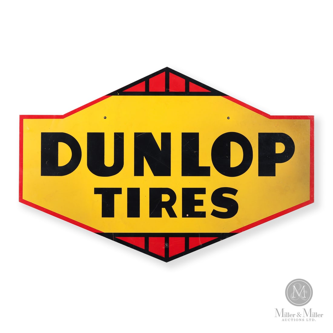 Dunlop Tires Insert Sign: 1953 Single-sided tin (SST). Die-cut. Very good colour and gloss. Minor creases and impressions, particularly in lower margin. Some discolouration and toning in the right quarter. 18" x 27". Size 18"