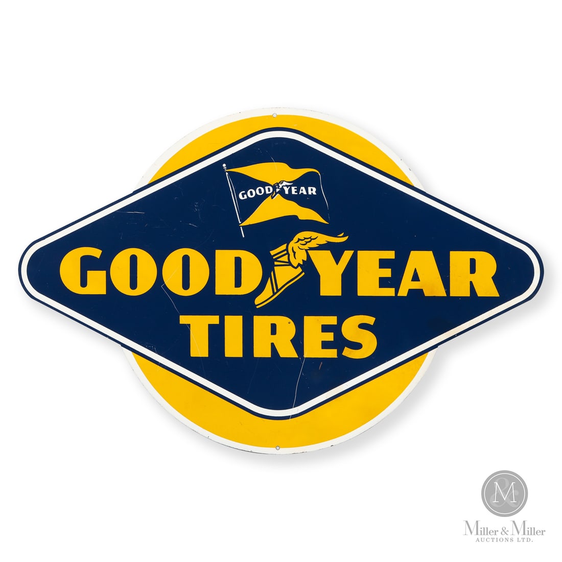 Good Year Tires Insert Sign: 1960s. Single-sided tin (SST). Die-cut. Very good colour and gloss. Minor impressions from the three soldered suspension strips on reverse. Faint rice paper burn. Minor creases. 18" x 27.5". Size 18"