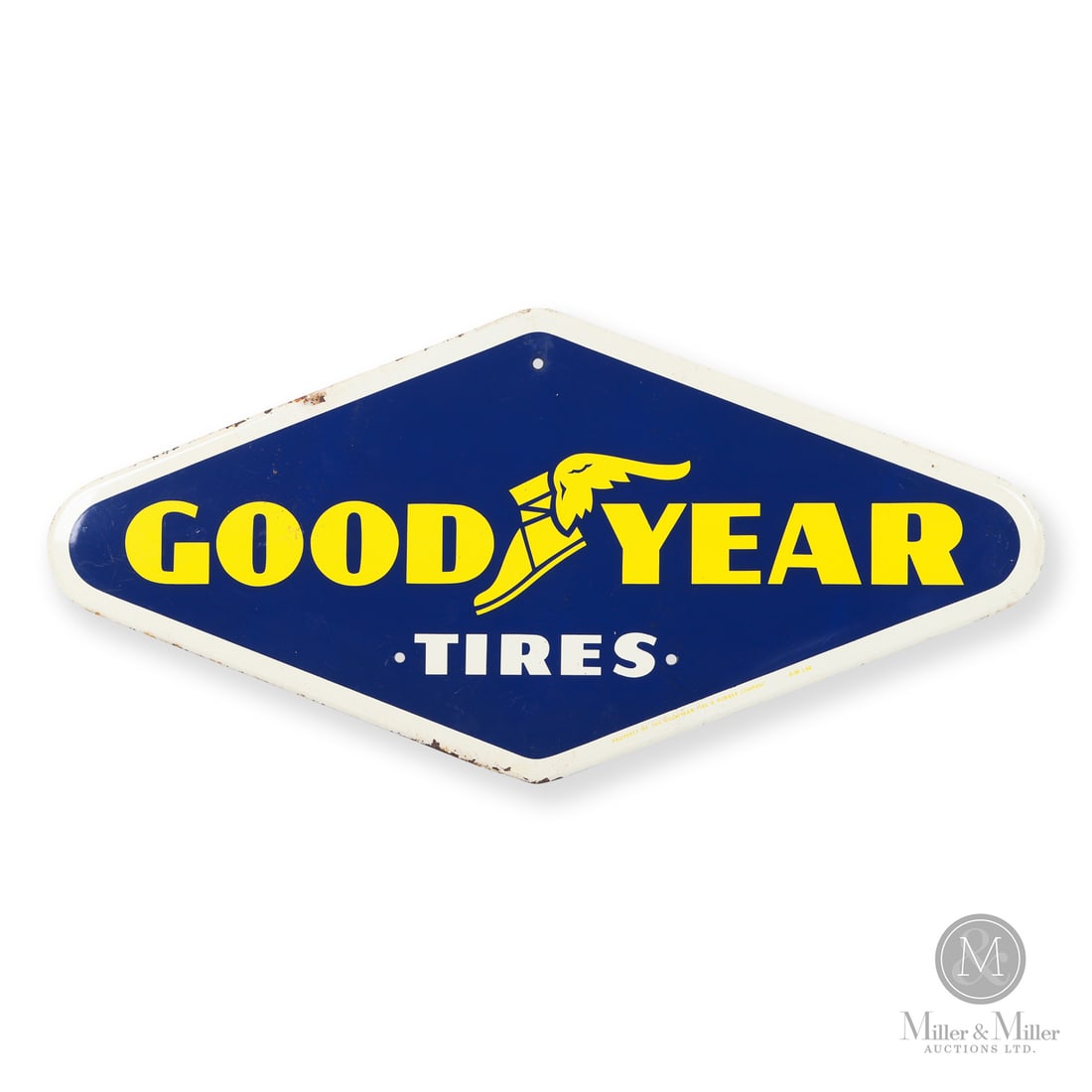 Goodyear Tire Stand Sign: 1966 Single-sided tin (SST). Very good colour and gloss. Stable paint flaking with oxidation to outer edge. Scattered areas of pinpoint paint loss with pitting. Light surface scuffs and scratches.