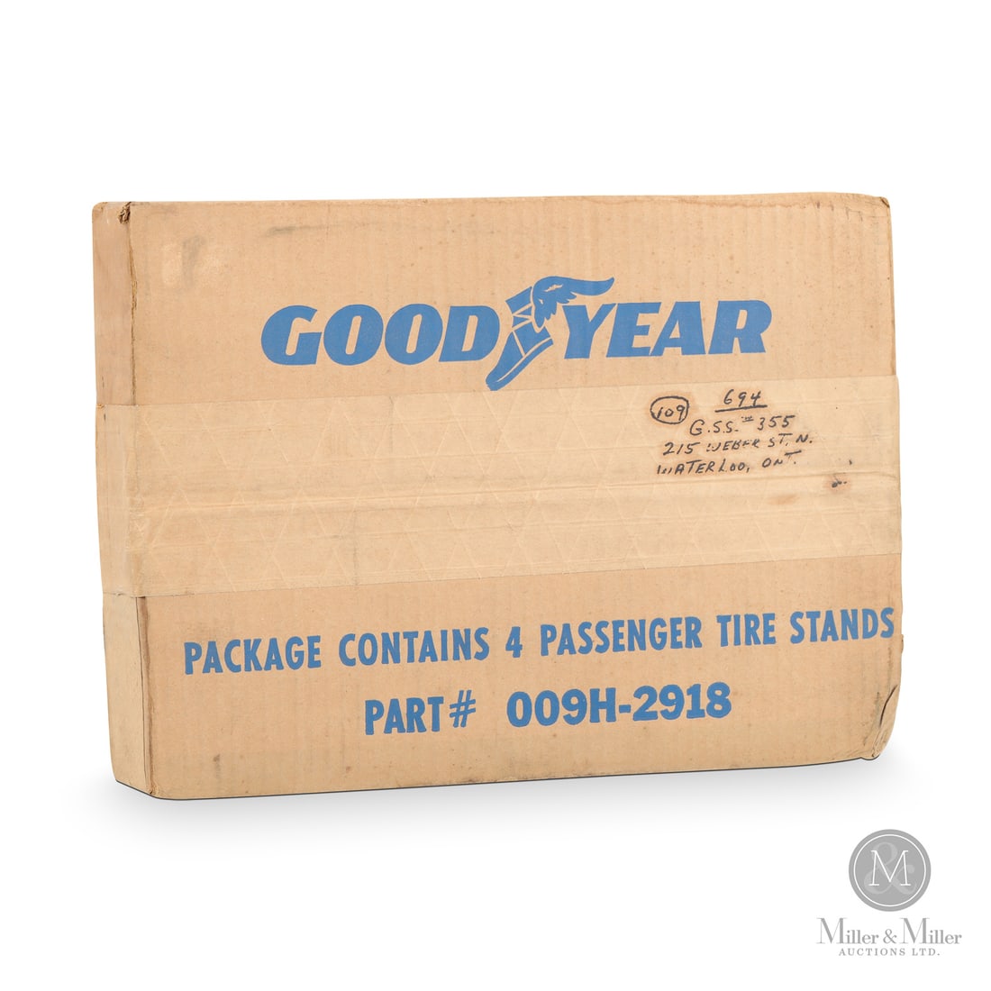 Goodyear 4- Pack of Tire Display Stands: Early 1970s. Single-sided tin (SST). The part number on the box indicates the tire stands were meant for dealer display products and not for use on vehicles. The contents are two-piece cradles that