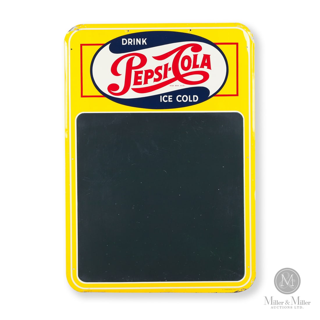 Pepsi-Cola "Ice Cold" Menu Board: 1951-1962. Single-sided tin (SST). Embossed. Excellent colour and gloss. Some ware to surface of the chalkboard. Pinpoint nicks and losses and edges. Edge creasing. Authenticated by The Authentication