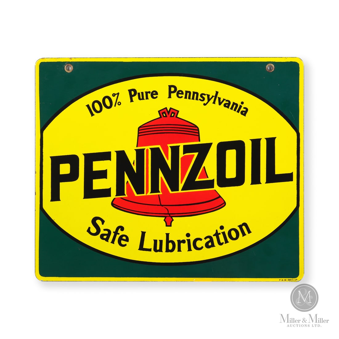 Pennzoil "Safe Lubrication" Rack Sign: 1945-1955. Double-sided porcelain (DSP). The green background surrounding the cracked Liberty Bell emblem is unique to this Canadian-made rack sign. The "100% Pure Pennsylvania" and "Safe Lubrication"