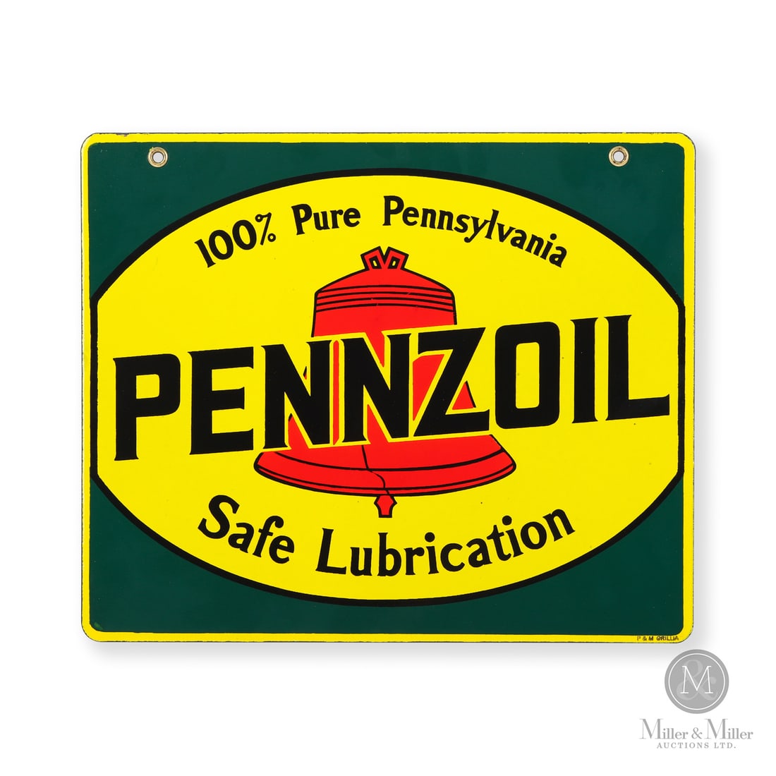 Pennzoil "Safe Lubrication" Rack Sign: 1945-1955. Double-sided porcelain (DSP). The green background surrounding the cracked Liberty Bell emblem is unique to this Canadian-made rack sign. The "100% Pure Pennsylvania" and "Safe Lubrication"