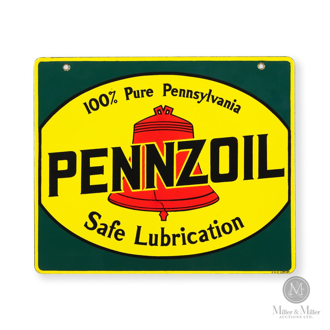 Pennzoil "Safe Lubrication" Rack Sign: 1945-1955. Double-sided porcelain (DSP). The green background surrounding the cracked Liberty Bell emblem is unique to this Canadian made rack sign. The "100% Pure Pennsylvania" and "Safe Lubrication"