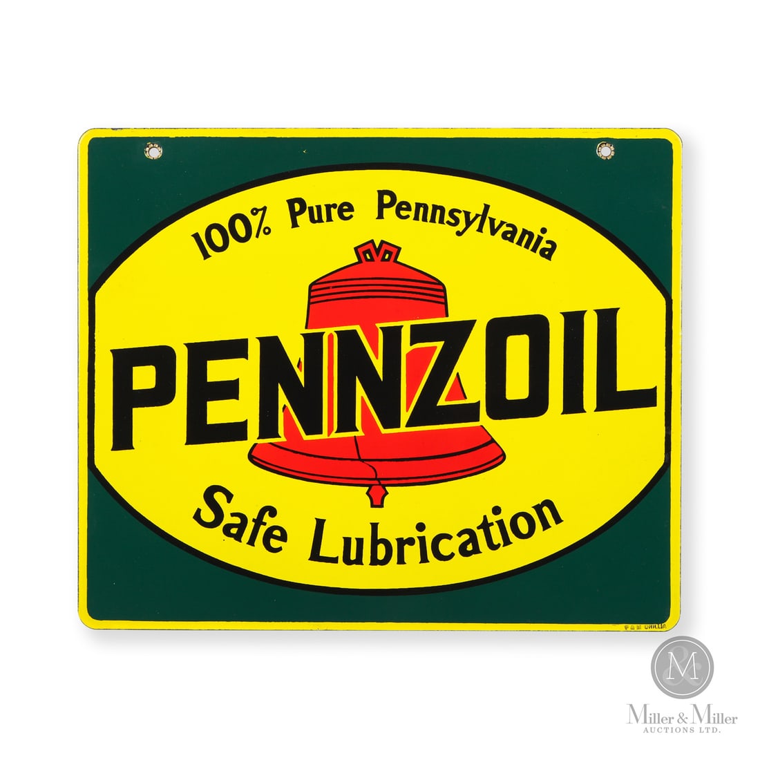 Pennzoil "Safe Lubrication" Rack Sign: 1945-1955. Double-sided porcelain (DSP). The green background surrounding the cracked Liberty Bell emblem is unique to this Canadian-made rack sign. The "100% Pure Pennsylvania" and "Safe Lubrication"
