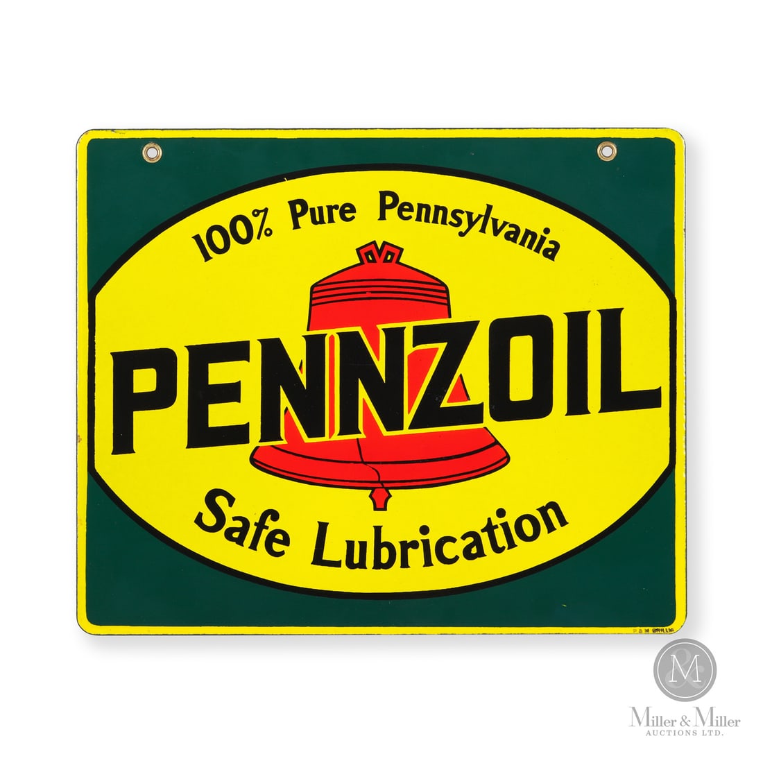Pennzoil "Safe Lubrication" Rack Sign: 1945-1955. Double-sided porcelain (DSP). The green background surrounding the cracked Liberty Bell emblem is unique to this Canadian-made rack sign. The "100% Pure Pennsylvania" and "Safe Lubrication"