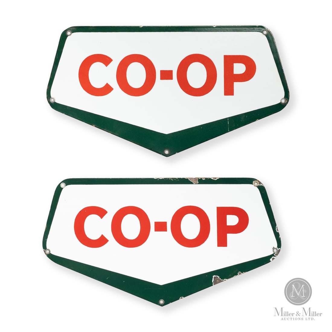 Co-Op Gasoline Pump Signs: 1946-1954. Single-sided porcelain (SSP). In Canada, the Co-op brand was a federation of independent businesses owned entirely by the local communities they served. These businesses banded together and