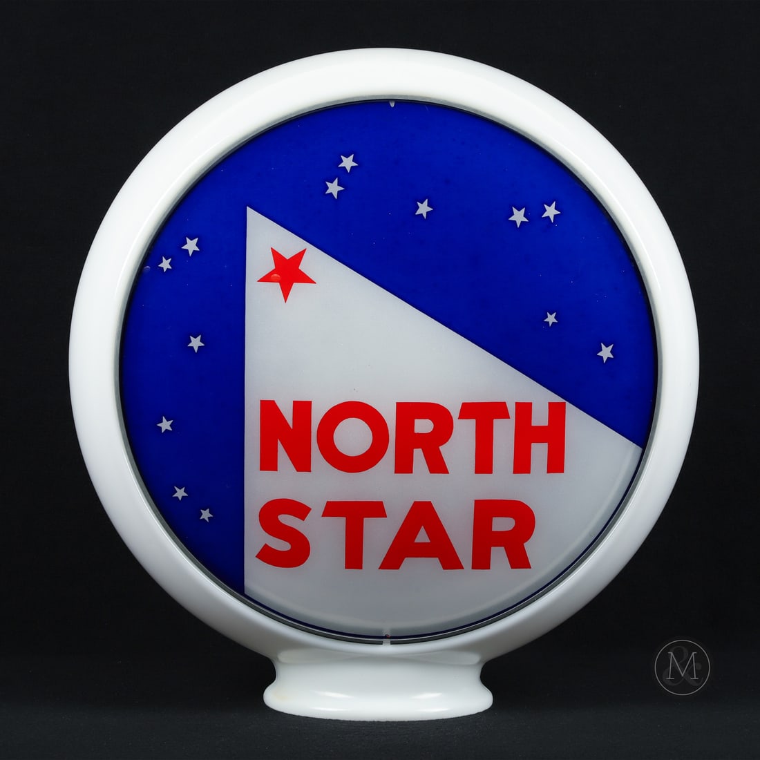 North Star Gasoline Pump Globe: 1938-1963. Single reverse-baked glass lens. Milk glass body. The North Star Oil Company was founded in 1919 in Winnipeg, Manitoba, the same year the brand was first introduced. The design on this glob