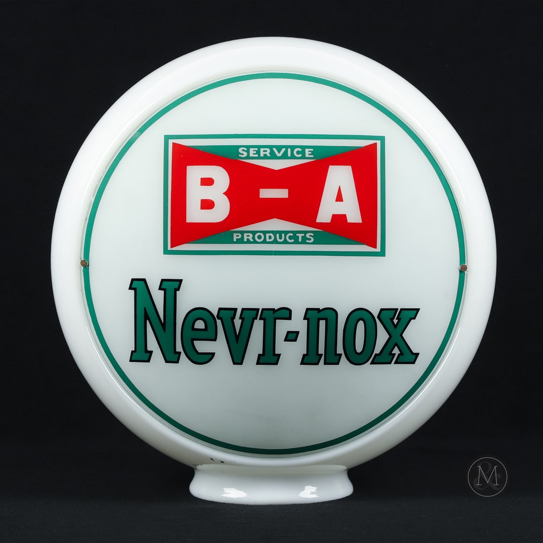 B-A Never Nox Gas Pump Globe: 1928 - 1948. Two reverse baked glass lenses. Milk glass body. All items are guaranteed authentic by Miller & Miller Auctions. All purchases are eligible for free delivery to the Check the Oil Show on
