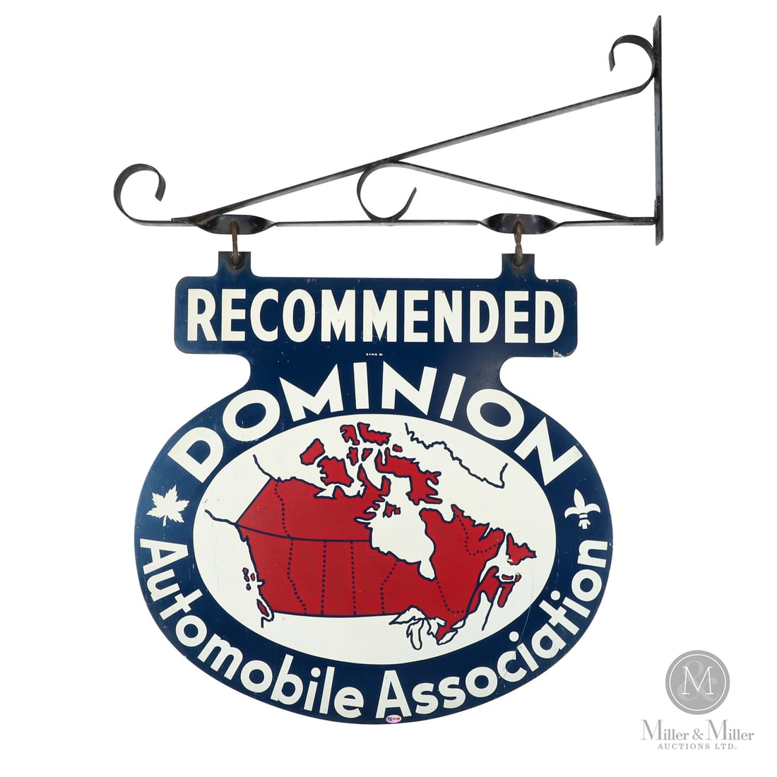 Dominion Automobile Association Sign: 1961. Double-sided painted metal (DSPM). Painted steel hanging bracket. Authenticated by The Authentication Company (TAC #9.0/8.75). All items are guaranteed authentic by Miller & Miller Auctions.