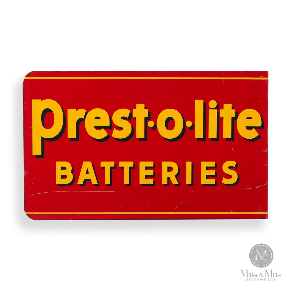 Prest-o-lite Batteries Flange Sign: 1954. Double-sided painted metal (DSPM). The Prest-o-lite company was a historic American manufacturer best known for pioneering the first effective automobile headlights. The company was named for
