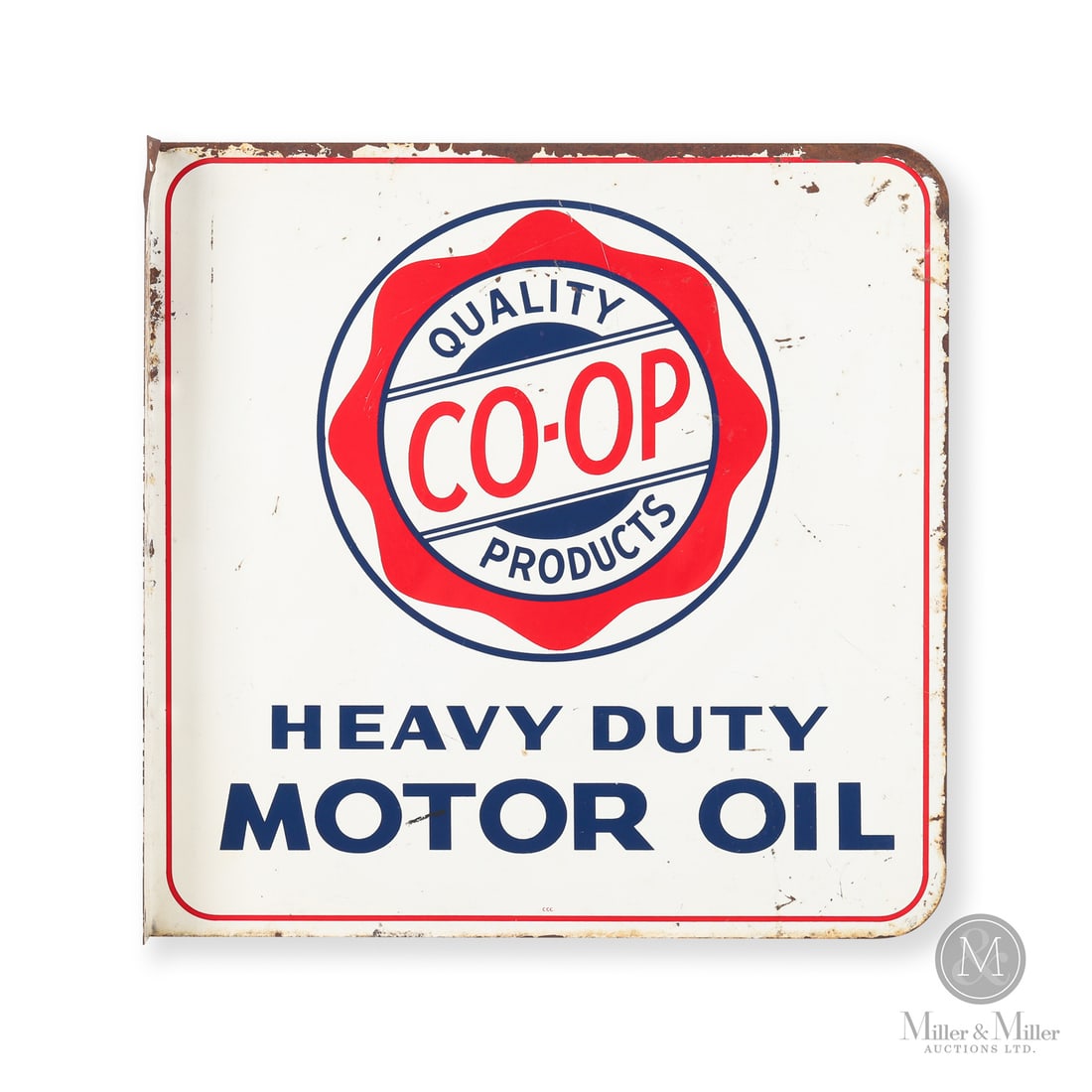 CO-OP Heavy-Duty Flange Sign: 1950s. Double-sided painted metal (DSPM). All items are guaranteed authentic by Miller & Miller Auctions. All purchases are eligible for free delivery to the Check the Oil Show on June 26, 2026. 18"