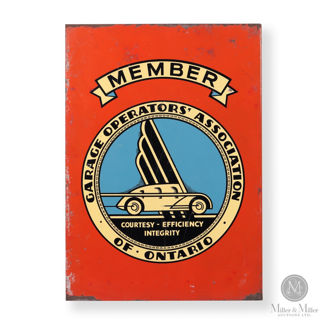 Garage Operators' Association of Ontario Member Flange Sign: 1933-1938. Double-sided painted metal (DSPM). The Garage Operators' Association of Ontario was founded in 1933. It was established during the Great Depression to bring structure and professional