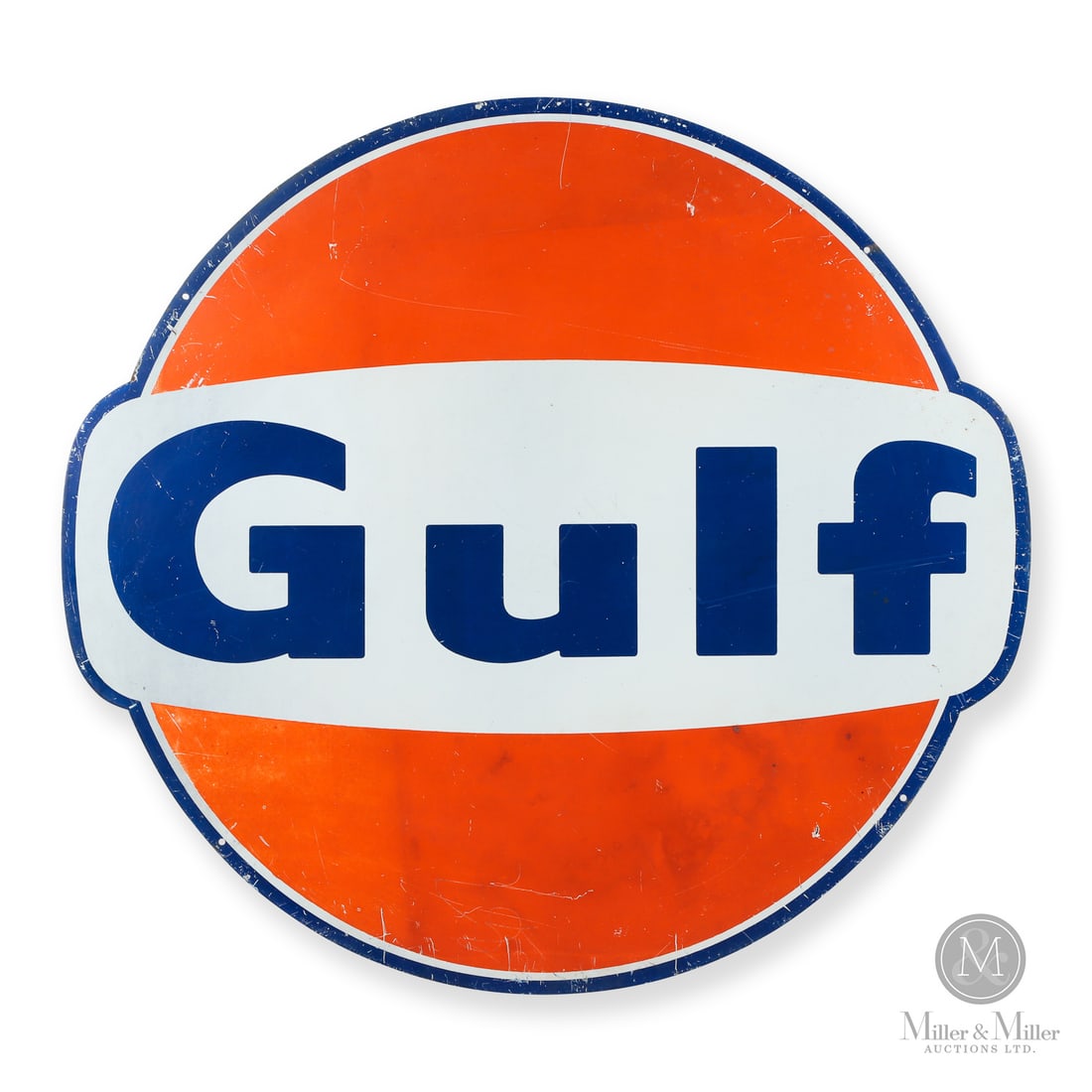 Gulf Gasoline 'Hamburger" Service Station Sign: 1960's. Single-sided painted metal (SSPM). Die-cut. The early 1960s marked Gulf's introduction of the "hamburger logo". The new logo replaced the former "orange disk" with a shape more conducive to ba