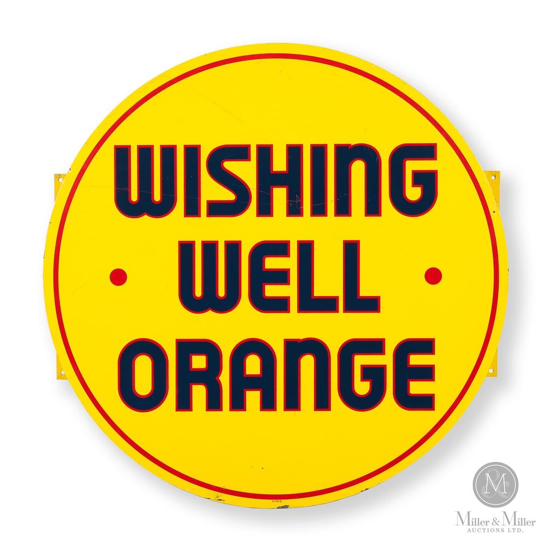 Wishing Well Orange Flange Sign: 1946-1950. Single-sided painted metal (SSPM). The brand was established by Park Arthur Manross, a prominent Canadian industrialist and Member of Parliament. Manross developed Wishing Well Products int