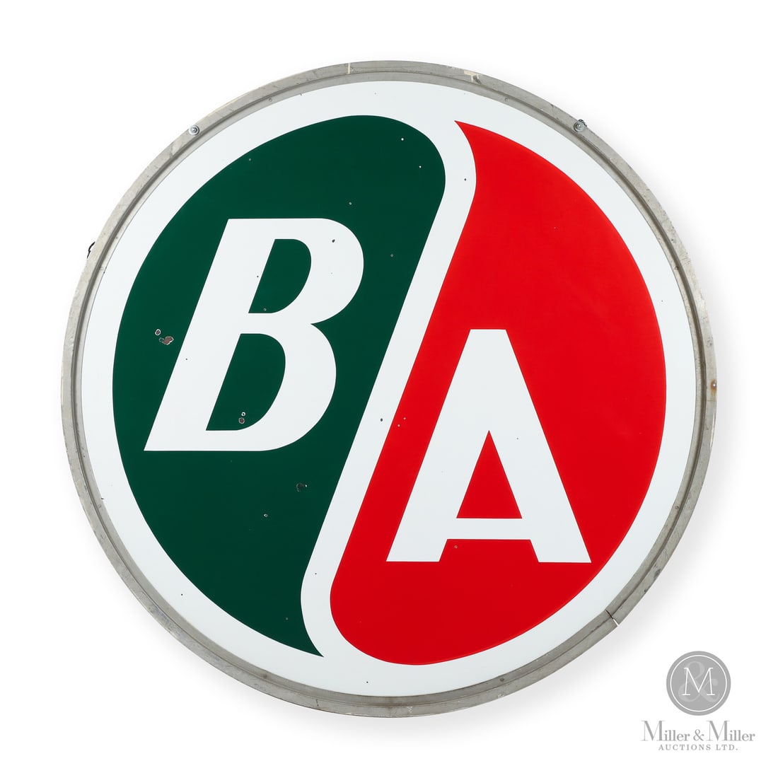 British American 6' Service Station Sign: 1948 - 1969. Double-sided porcelain (DSP). All items are guaranteed authentic by Miller & Miller Auctions. All purchases are eligible for free delivery to the Check the Oil Show on June 26, 2026. 68"
