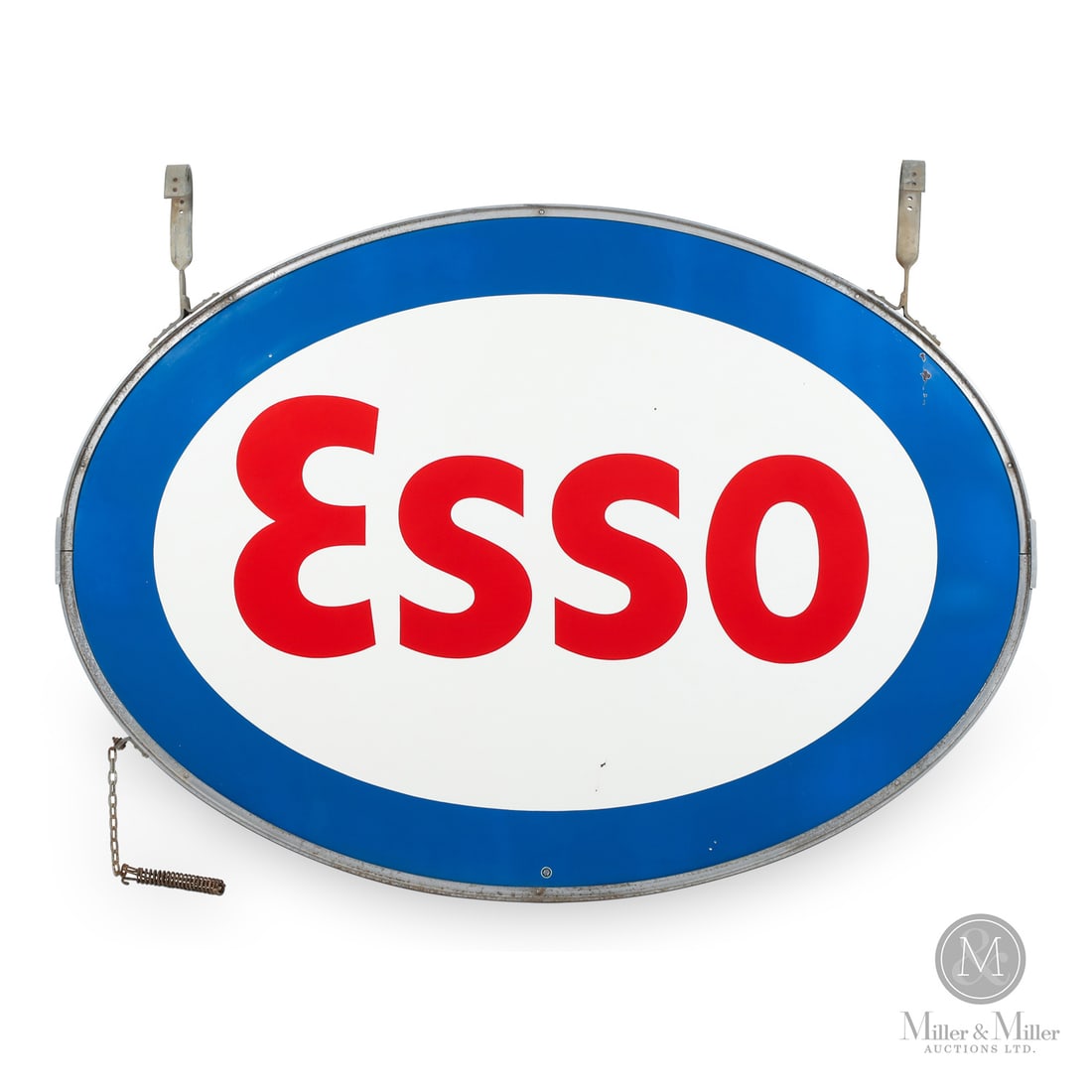 Esso Service Station Sign: 1953-1964. Double-sided porcelain (DSP). This is referred to as the "Esso Blue" sign. The name comes from the light blue border (which differed from Esso's standard deep navy blue border). The