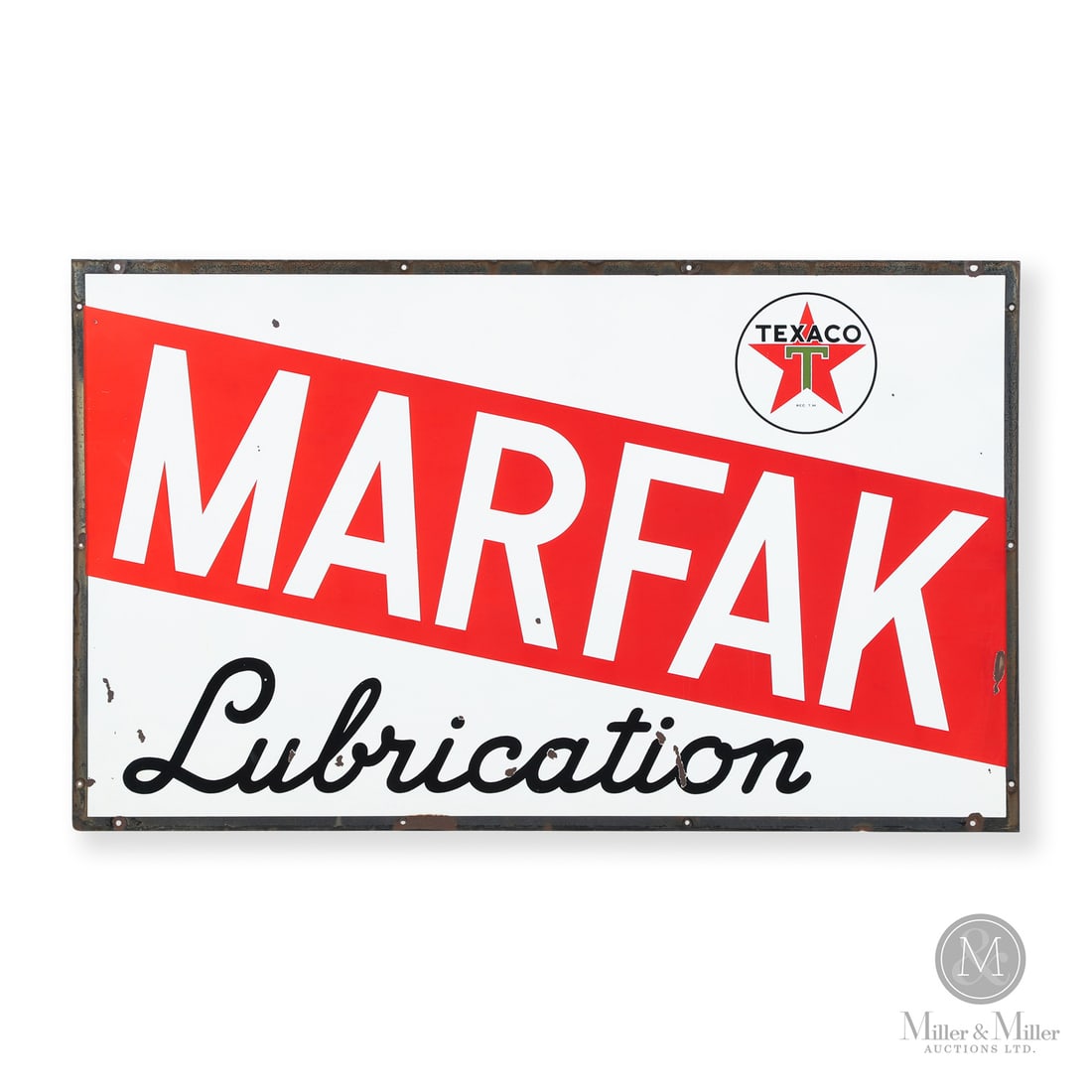Texaco Marfak Lubrication Sign: 1936-1959. Single-sided porcelain (SSP). Marfak was Texaco's high-performance automobile chassis grease. The early Texaco Company had a corporate tradition of naming its premium products after stars