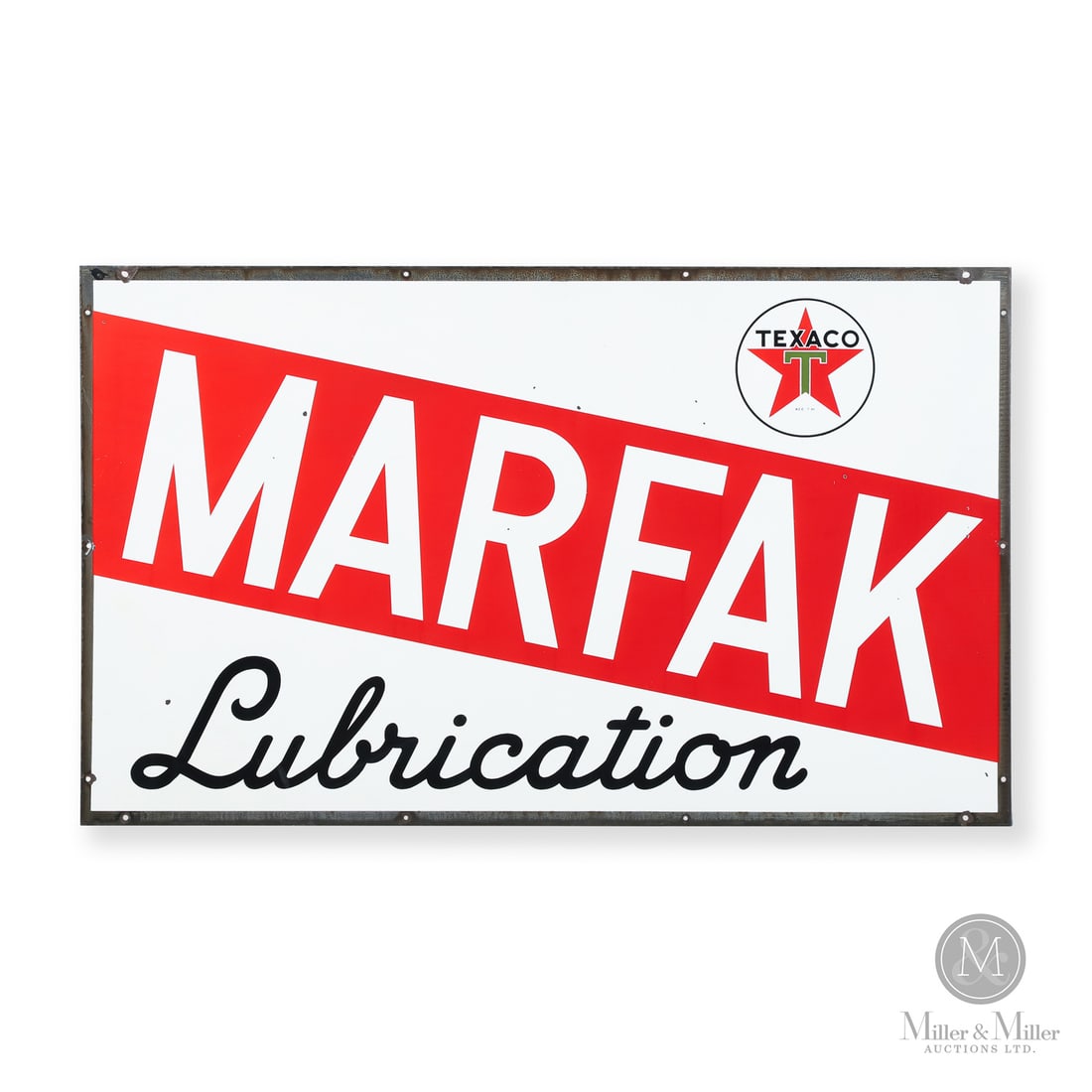 Texaco Marfak Lubrication Sign: 1936-1959. Single-sided porcelain (SSP). Marfak was Texaco's high-performance automobile chassis grease. The early Texaco Company had a corporate tradition of naming its premium products after stars