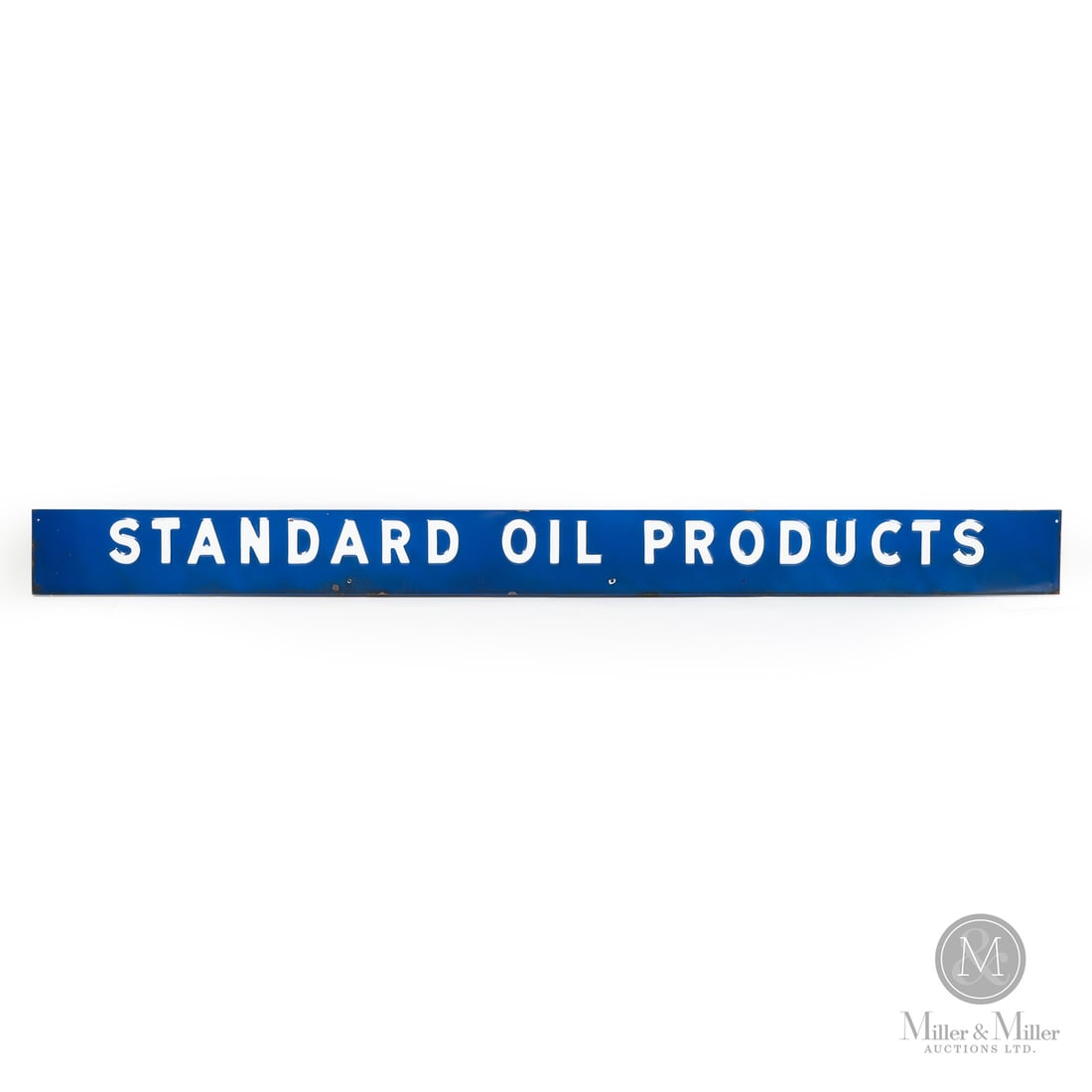 Standard Oil Products Sign: Early-mid 1930s. Single-sided porcelain (SSP). Embossed. This is a large-sized, embossed sign, with a blue background (which indicates this sign would have been the primary branding for a Standard