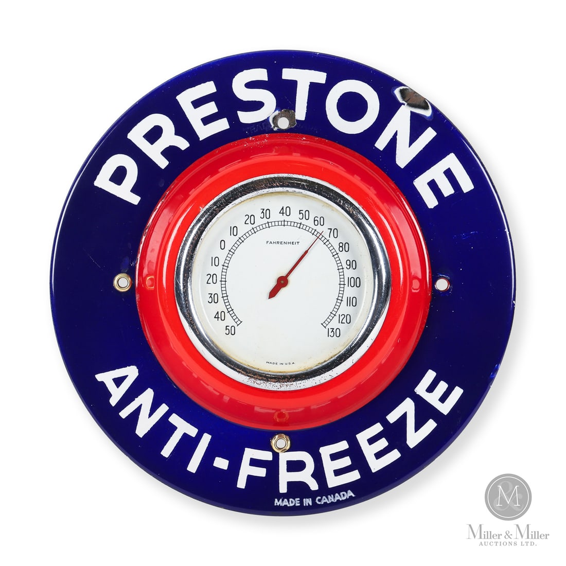 Prestone Antifreeze Thermometer: Early-mid 1930s. Single-sided porcelain (SSP). Return edge. The presence of dual country markings along with the red dome is a hallmark of an early production model of this thermometer. Authenticated 