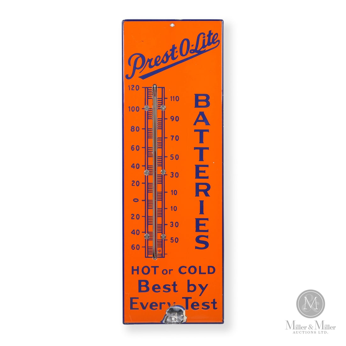 Prest-O-Lite Batteries Thermometer: 1946-1955. Single-sided porcelain (SSP). Return edge. The Prest-O-Lite Company was founded in 1904 in Indianapolis, Indiana and established a presence in Canada in approximately 1929-1930. The "Hot or
