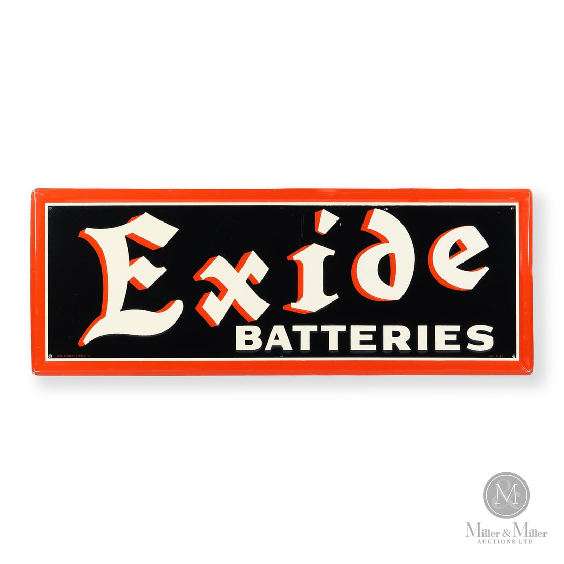 Exide Batteries Sign: 1947. Single-sided aluminium (SSA). Embossed. Self-framed. This sign advertised a brand originally introduced in 1900 as "Excellent Oxide". The name was shortened to a catchy, more recognizable name t